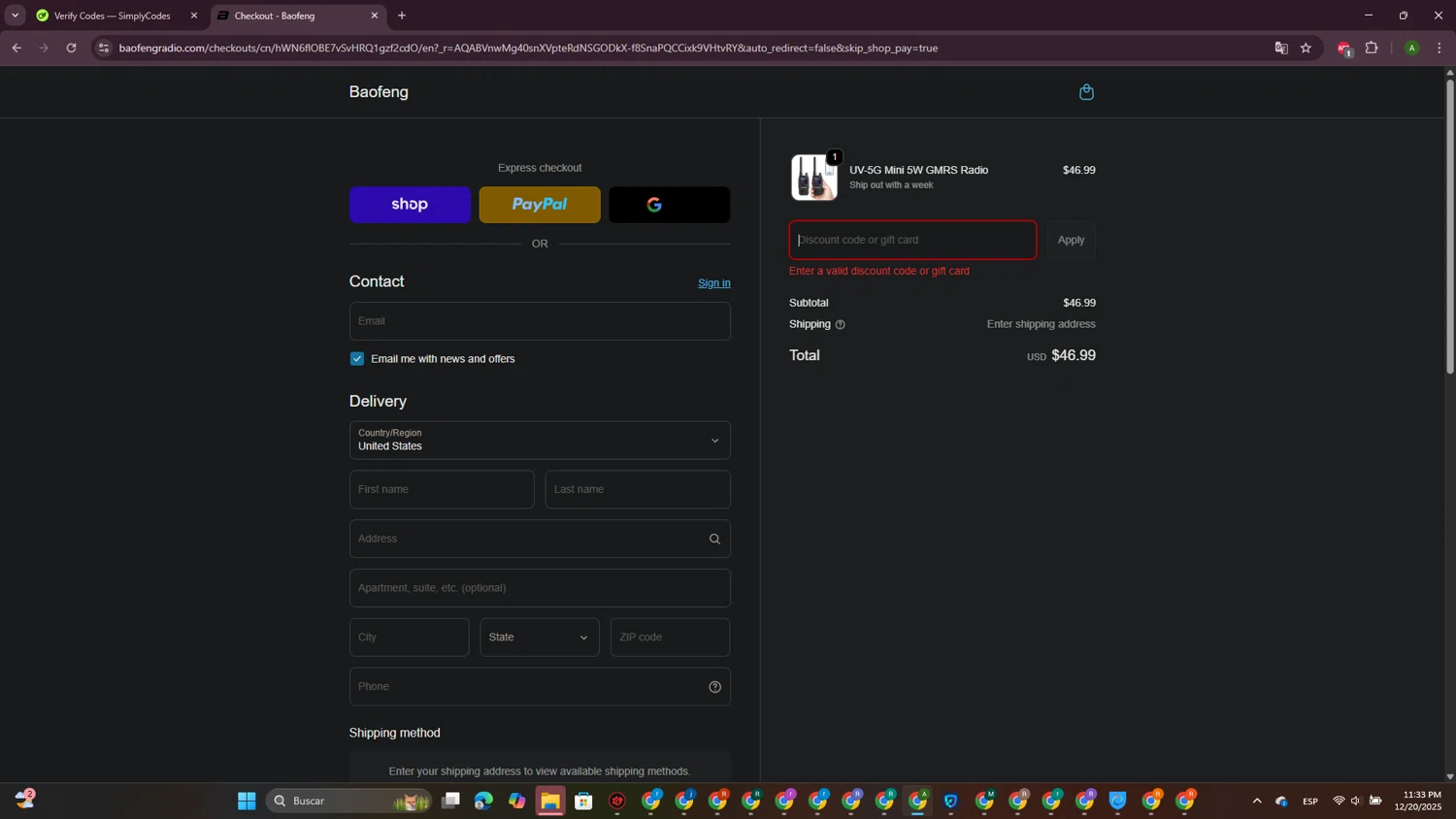 BaoFeng promo code screenshot showing code 25XMASBF applied at BaoFeng checkout page. Uploaded by SimplyCodes community member CrownPioneer7057 on Dec 21, 2025