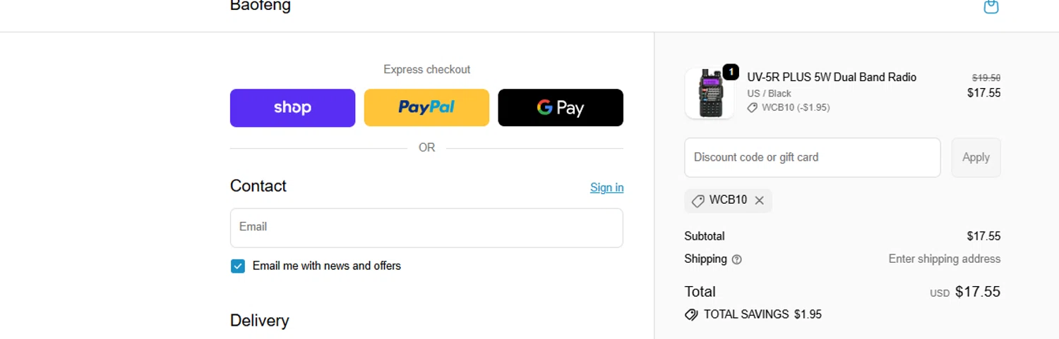 BaoFeng promo code screenshot showing code WCB10 applied at BaoFeng checkout page. Uploaded by SimplyCodes community member ashe1986 on Nov 25, 2025