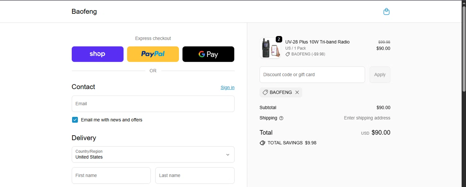 BaoFeng promo code screenshot showing code BAOFENG applied at BaoFeng checkout page. Uploaded by SimplyCodes community member ashe1986 on Sep 30, 2025
