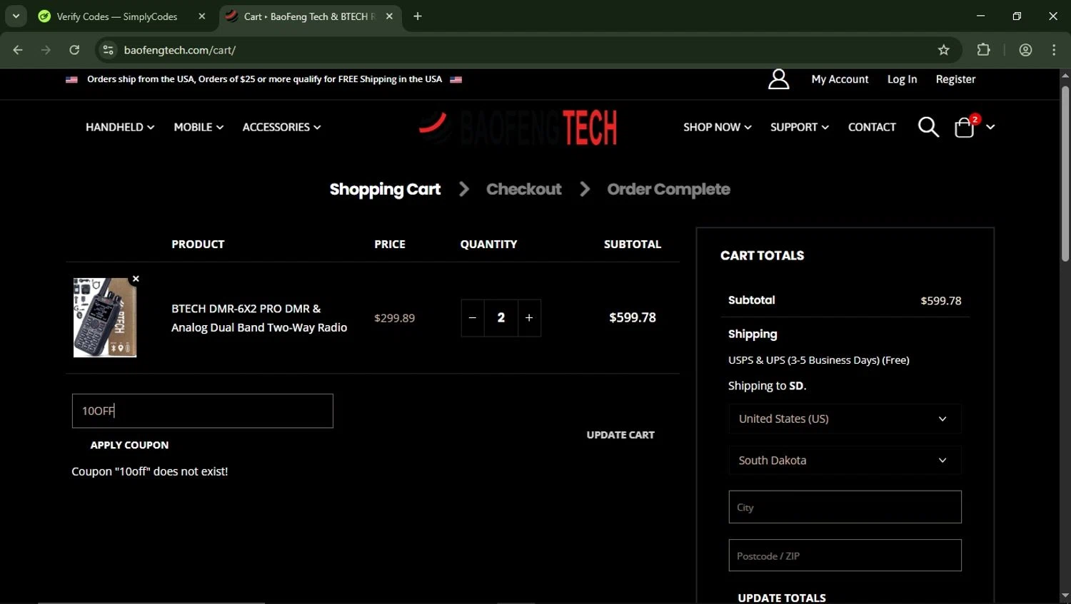 BaoFeng Tech promo code screenshot showing code 10OFF applied at BaoFeng Tech checkout page. Uploaded by SimplyCodes community member LegendaryFalcon5662 on Apr 23, 2025