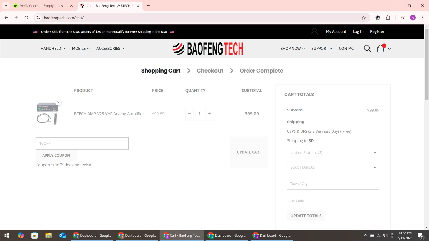 BaoFeng Tech promo code screenshot showing code 10OFF applied at BaoFeng Tech checkout page. Uploaded by SimplyCodes community member ShrewdMaverick9198 on Feb 12, 2025