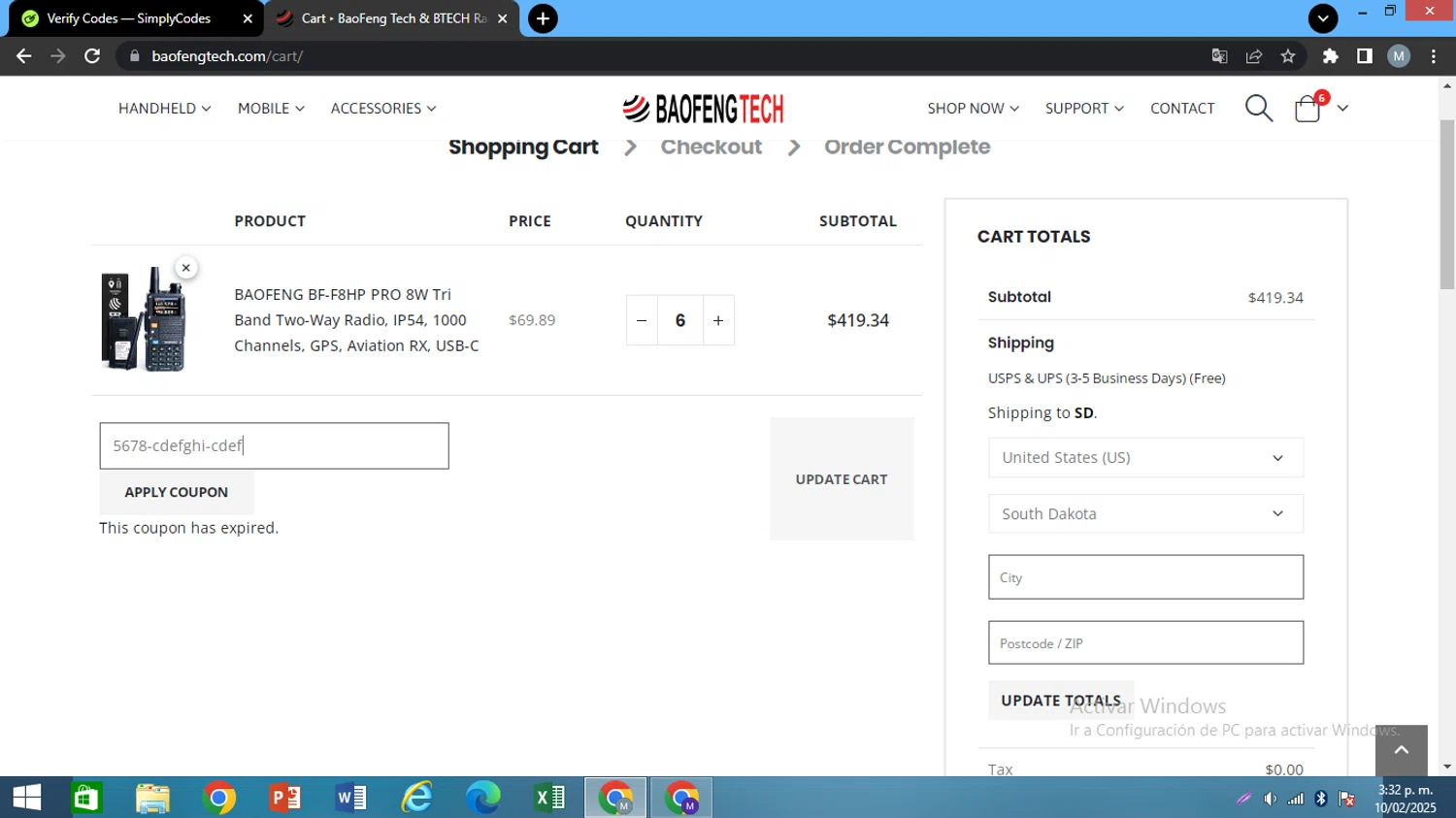 BaoFeng Tech promo code screenshot showing code 5678-cdefghi-cdef applied at BaoFeng Tech checkout page. Uploaded by SimplyCodes community member AJOTAA on Feb 10, 2025