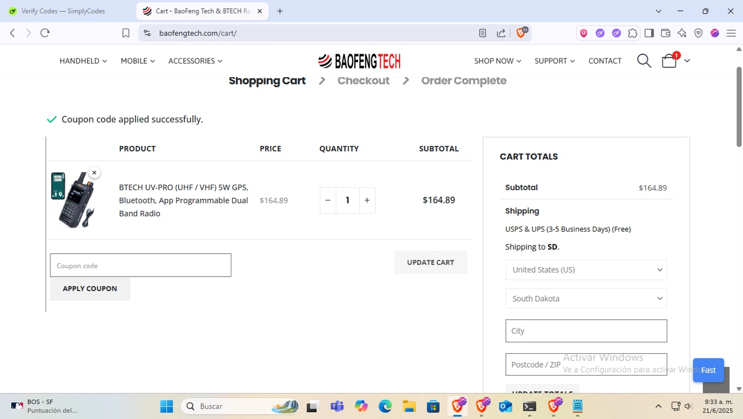BaoFeng Tech promo code screenshot showing code hr2-uvpro applied at BaoFeng Tech checkout page. Uploaded by SimplyCodes community member PocoyoTraihard on Jun 21, 2025