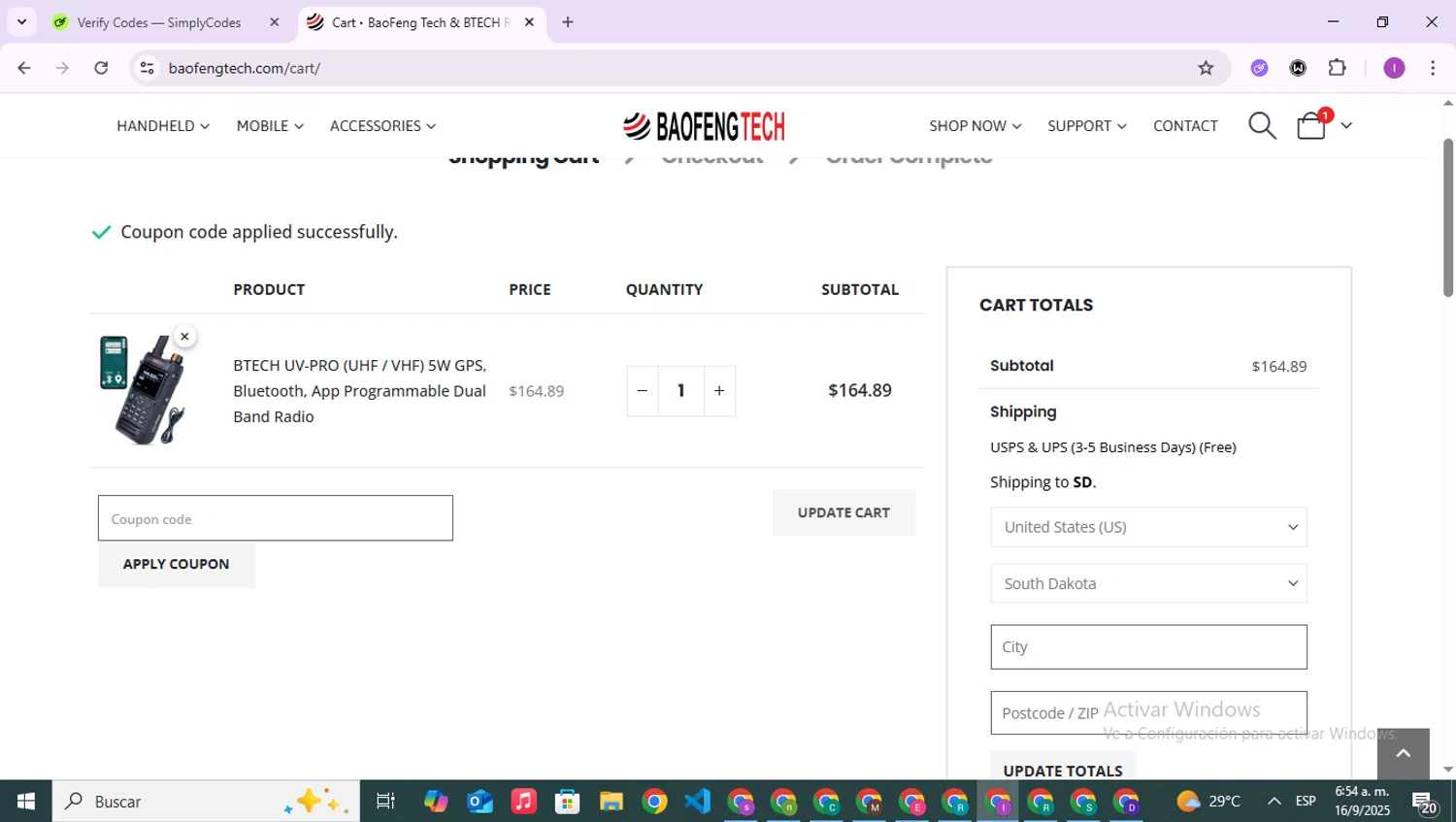 BaoFeng Tech promo code screenshot showing code hr2-uvpro applied at BaoFeng Tech checkout page. Uploaded by SimplyCodes community member RebateAce6764 on Sep 16, 2025