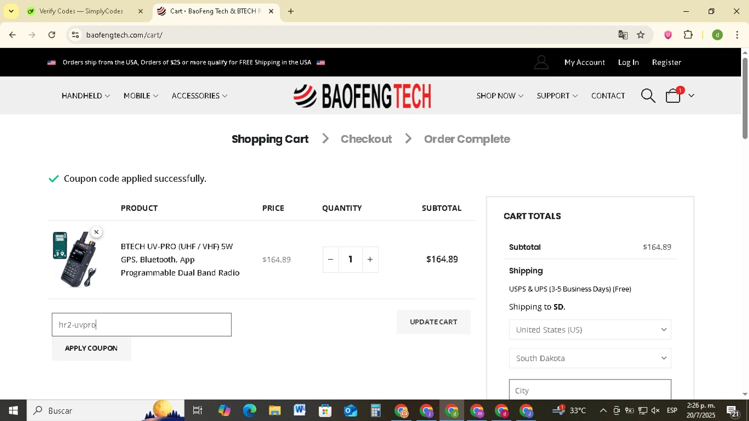 BaoFeng Tech promo code screenshot showing code hr2-uvpro applied at BaoFeng Tech checkout page. Uploaded by SimplyCodes community member SavingsSentinel833 on Jul 20, 2025