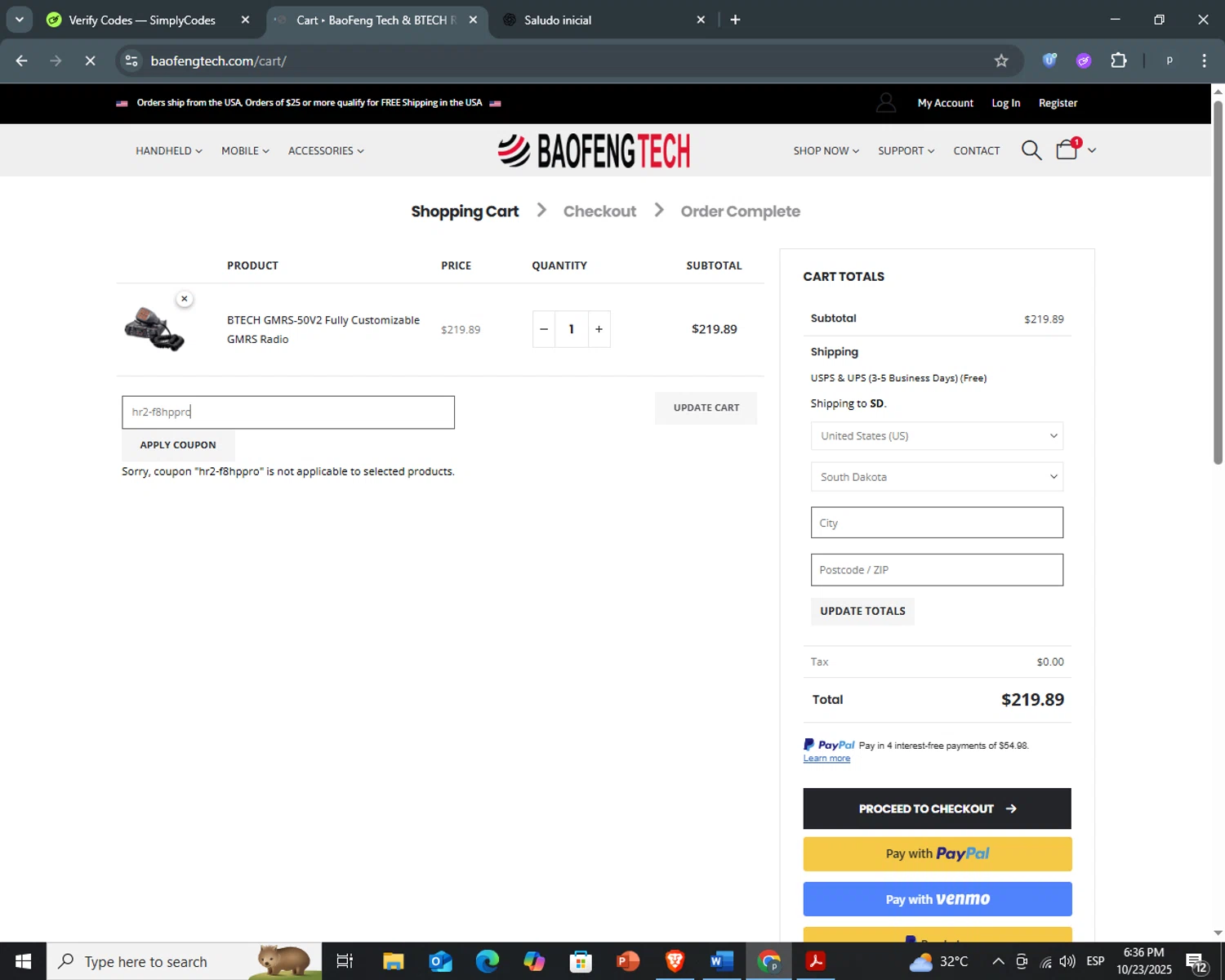BaoFeng Tech promo code screenshot showing code hr2-f8hppro applied at BaoFeng Tech checkout page. Uploaded by SimplyCodes community member PrimeCurator3630 on Oct 23, 2025