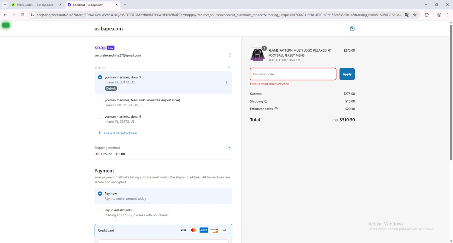 BAPE discount code screenshot showing code Kinbhksb122 applied at BAPE checkout page. Uploaded by SimplyCodes community member usercod909090 on Mar 28, 2025