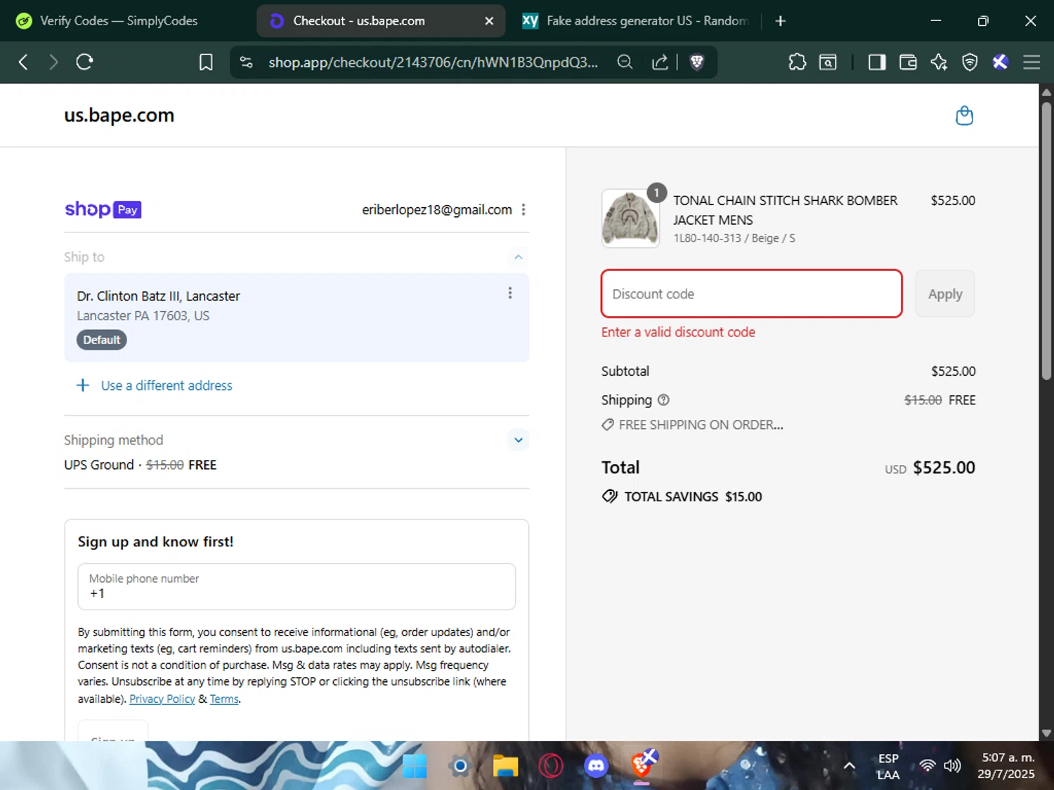 BAPE discount code screenshot showing code 10%AAPBMS1ST applied at BAPE checkout page. Uploaded by SimplyCodes community member Mafer69 on Jul 29, 2025