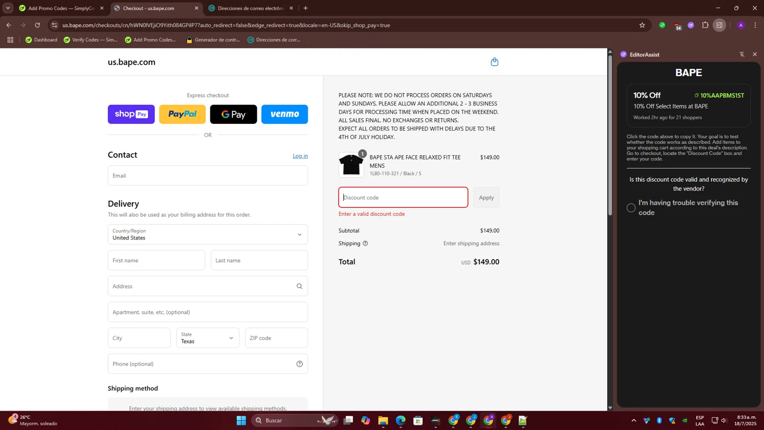 BAPE discount code screenshot showing code 10%AAPBMS1ST applied at BAPE checkout page. Uploaded by SimplyCodes community member ThriftyGenius6699 on Jul 18, 2025
