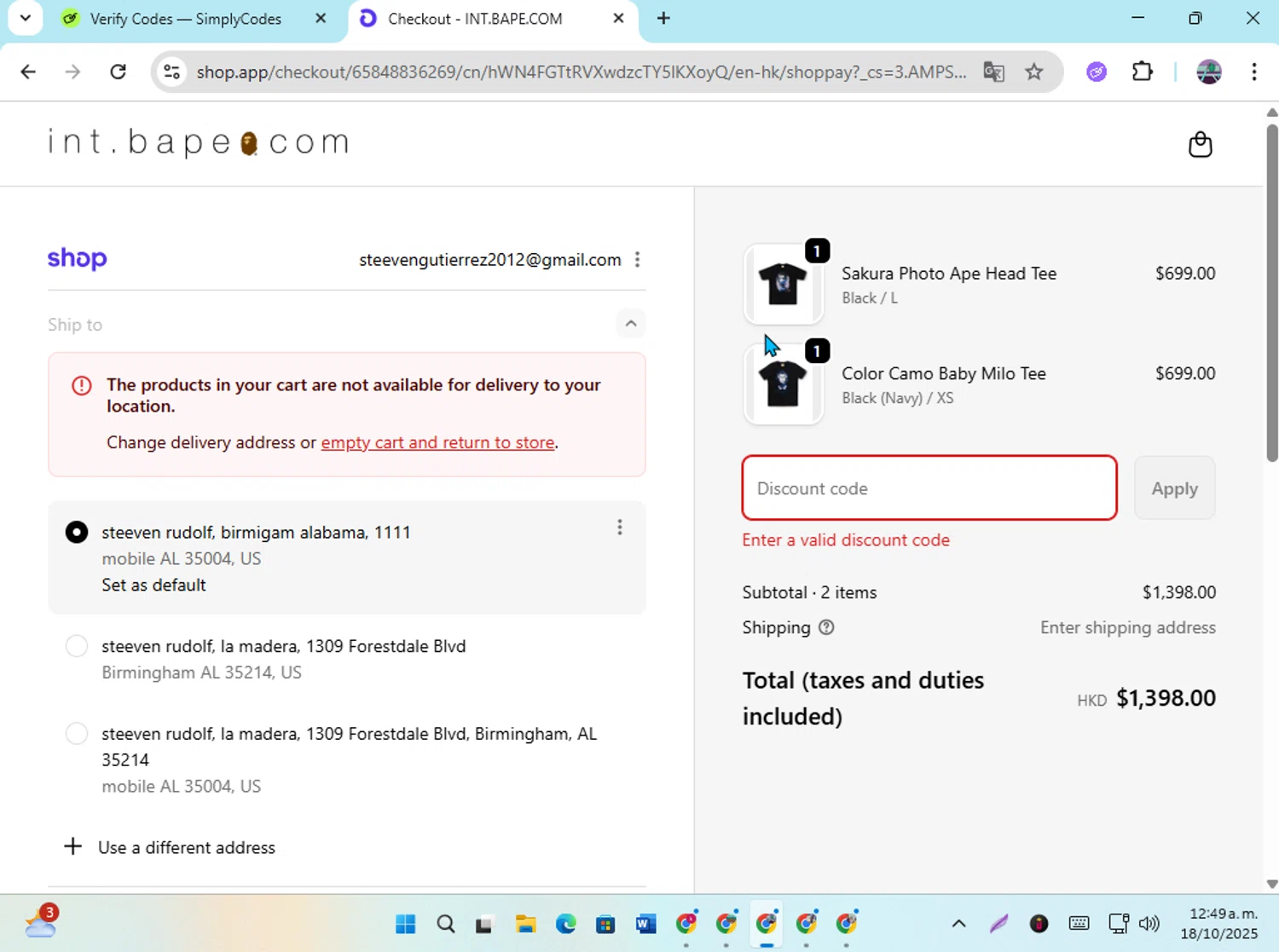 BAPE discount code screenshot showing code STAYBAPE10 applied at BAPE checkout page. Uploaded by SimplyCodes community member DiscountGenius6081 on Oct 18, 2025