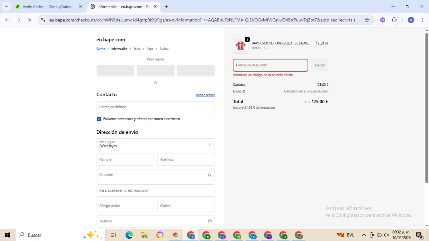 BAPE discount code screenshot showing code STAYBAPE10 applied at BAPE checkout page. Uploaded by SimplyCodes community member TreasureCaptain5531 on Feb 10, 2026