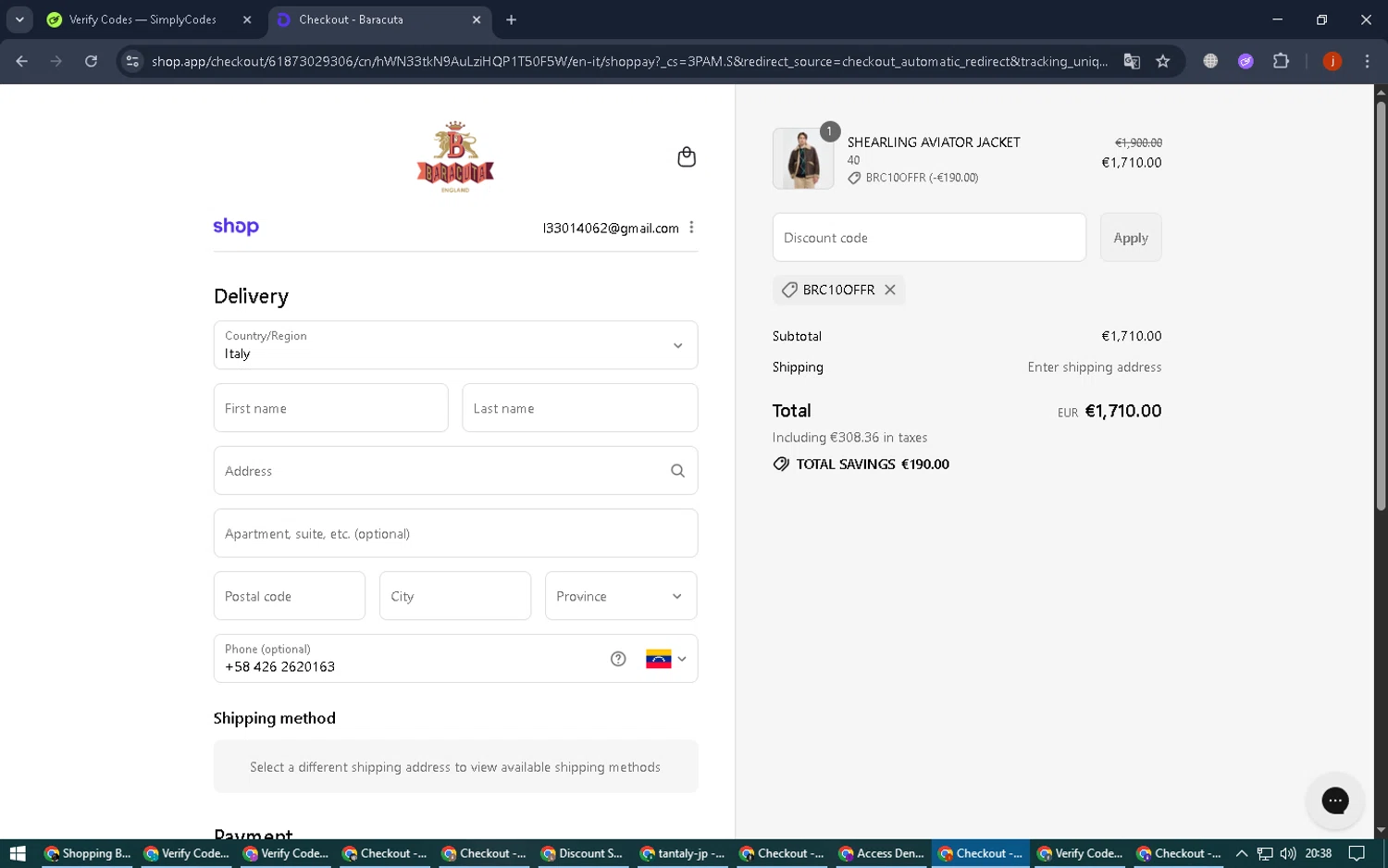 Baracuta promo code screenshot showing code BRC10OFFR applied at Baracuta checkout page. Uploaded by SimplyCodes community member FortunateGenius936 on Sep 17, 2025