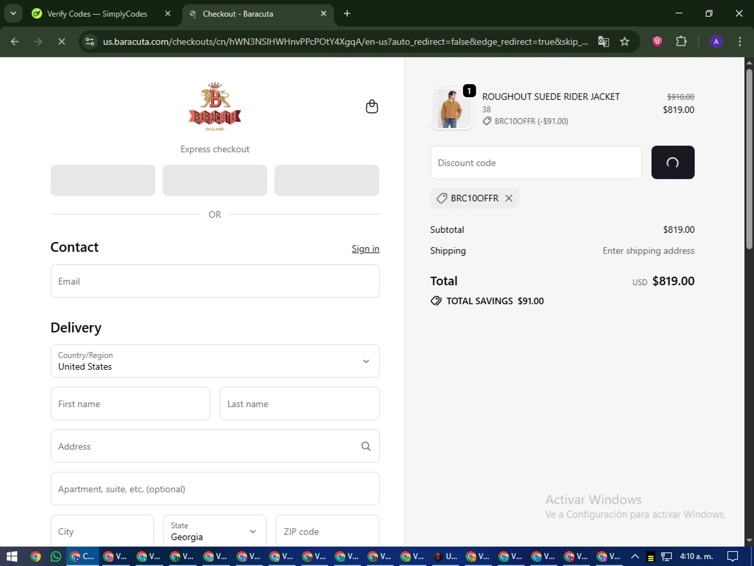 Baracuta promo code screenshot showing code BRC10OFFR applied at Baracuta checkout page. Uploaded by SimplyCodes community member MagnificentWarden4603 on Sep 25, 2025