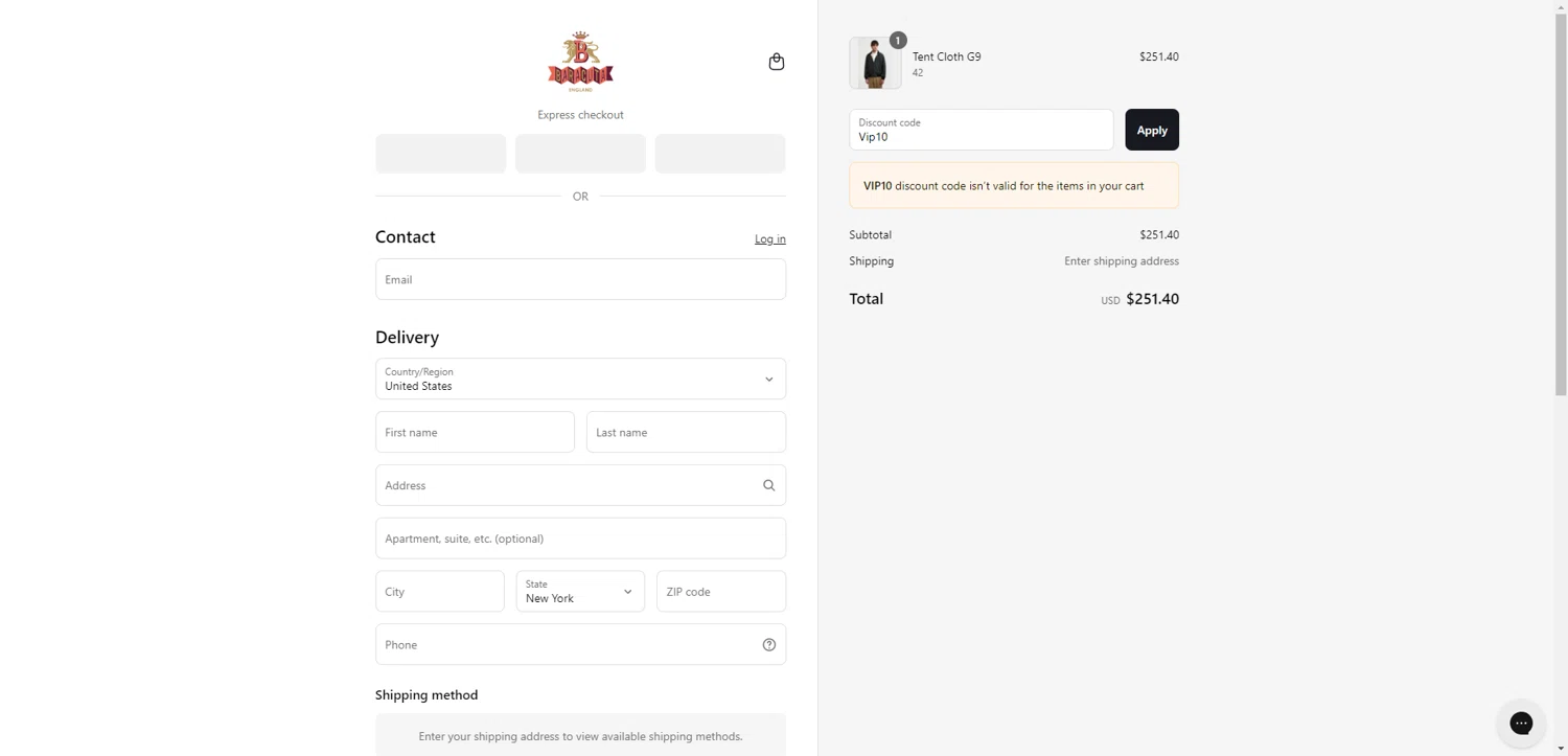 Baracuta promo code screenshot showing code Vip10 applied at Baracuta checkout page. Uploaded by SimplyCodes community member CrownTiger6508 on Aug 4, 2025