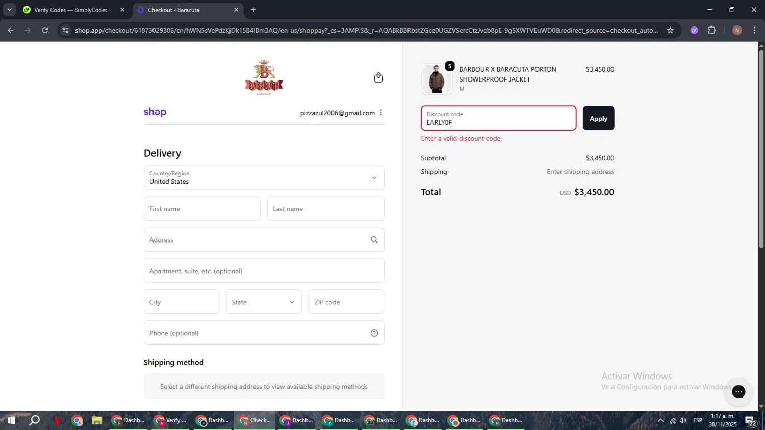 Baracuta promo code screenshot showing code EARLYBF applied at Baracuta checkout page. Uploaded by SimplyCodes community member DiscountPioneer2554 on Nov 30, 2025