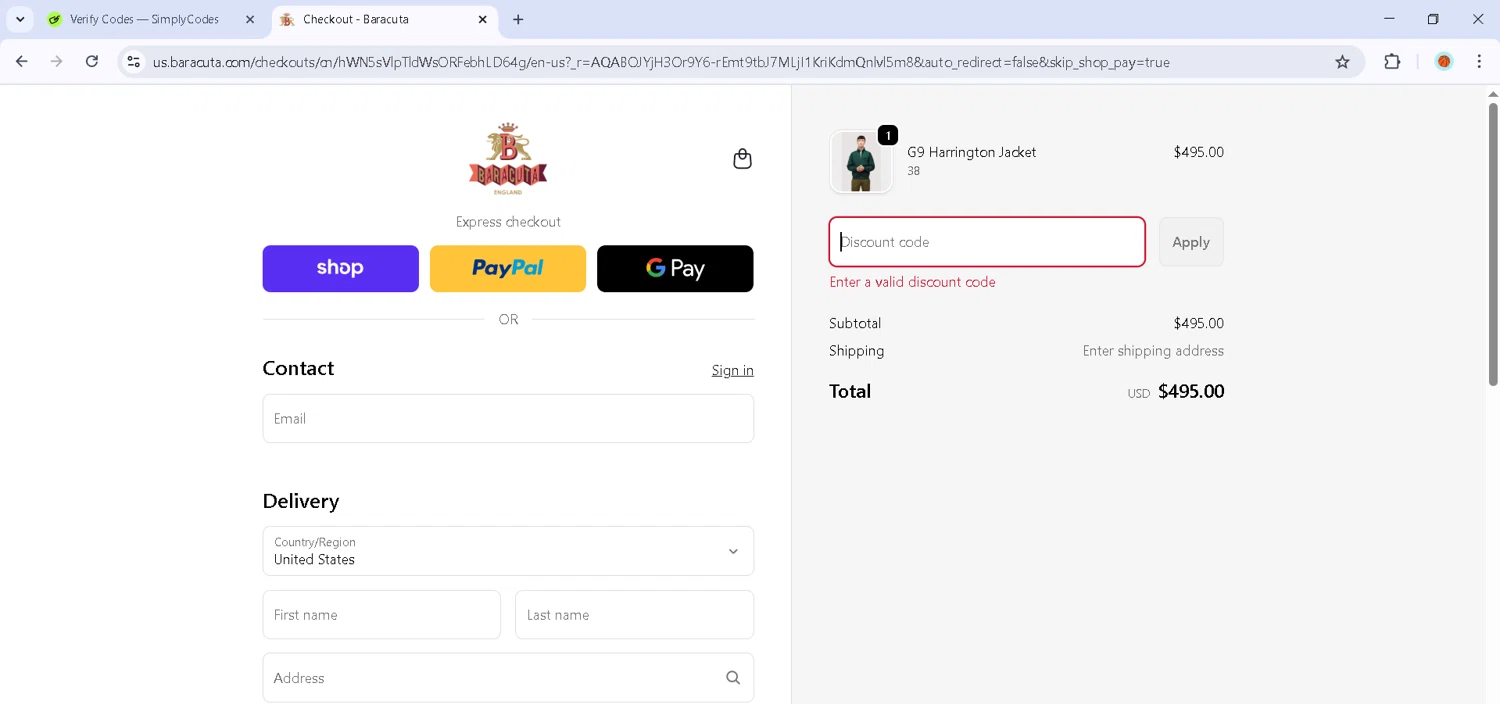 Baracuta promo code screenshot showing code EARLYBF applied at Baracuta checkout page. Uploaded by SimplyCodes community member Estefani4 on Nov 30, 2025