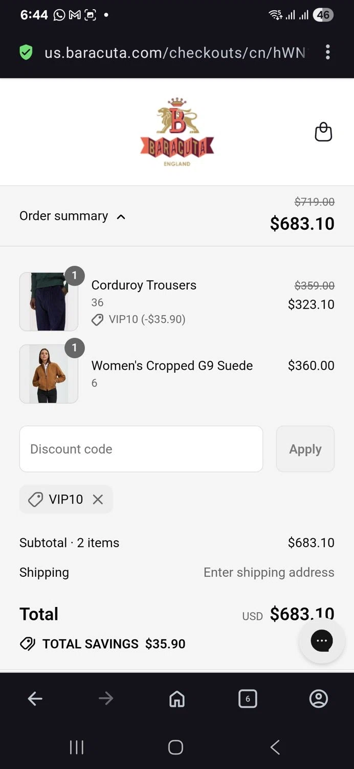 Baracuta promo code screenshot showing code Vip10 applied at Baracuta checkout page. Uploaded by SimplyCodes community member vida5254427716958 on Aug 4, 2025