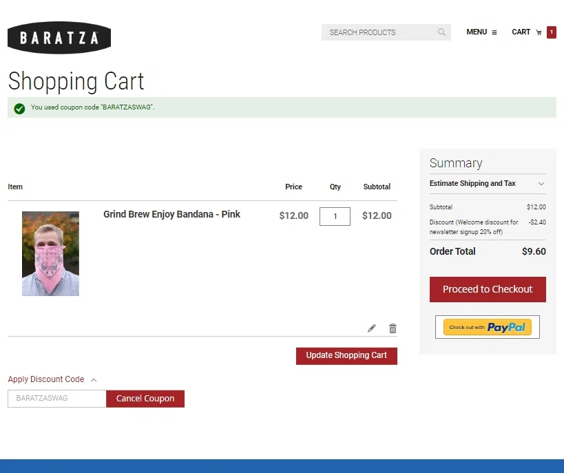 Baratza checkout page showing Baratza promo code box | Screenshot taken by SimplyCodes community member on Jun 17, 2022
