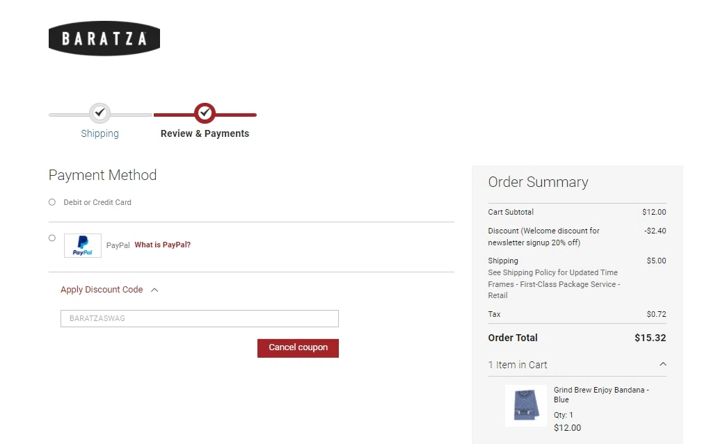 Baratza checkout page showing Baratza promo code box | Screenshot taken by SimplyCodes community member on Mar 4, 2022