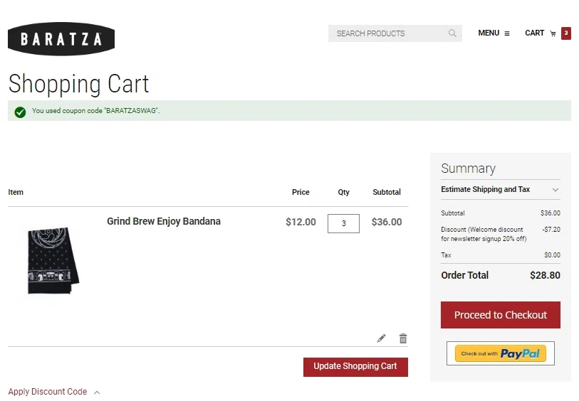 Baratza checkout page showing Baratza promo code box | Screenshot taken by SimplyCodes community member on Nov 28, 2022