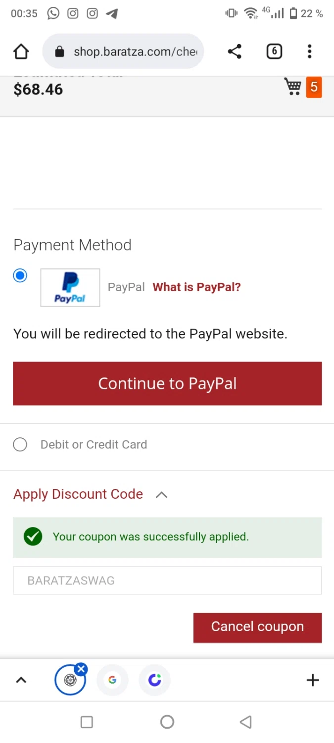 Baratza checkout page showing Baratza promo code box | Screenshot taken by SimplyCodes community member on Jan 16, 2023