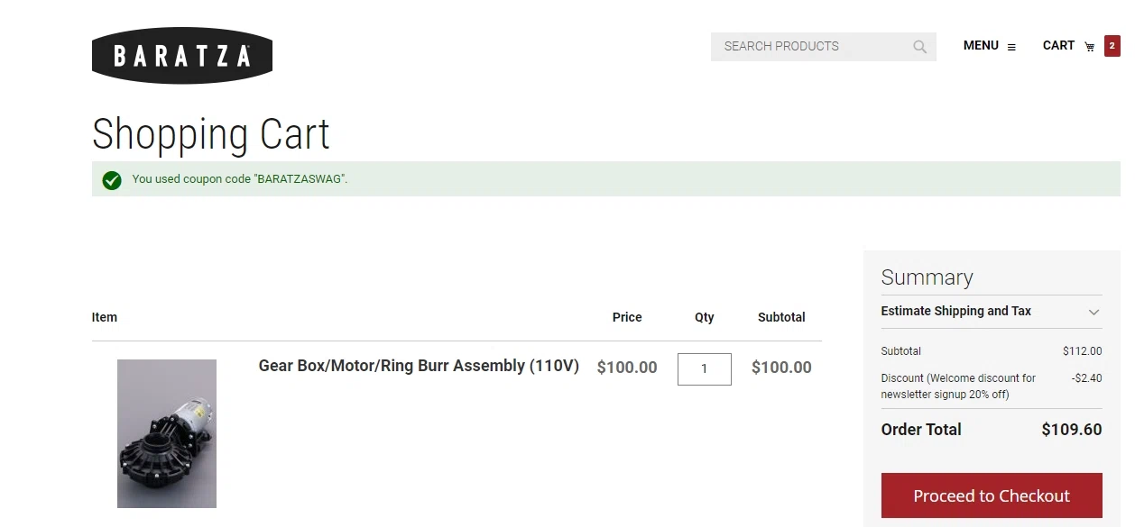 Baratza checkout page showing Baratza promo code box | Screenshot taken by SimplyCodes community member on Dec 28, 2022