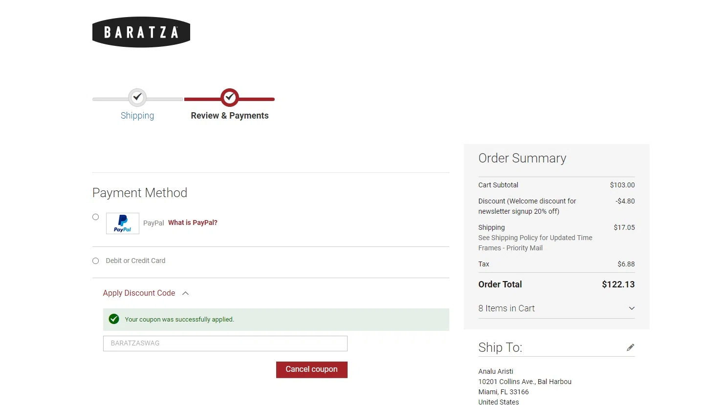 Baratza checkout page showing Baratza promo code box | Screenshot taken by SimplyCodes community member on Apr 26, 2023
