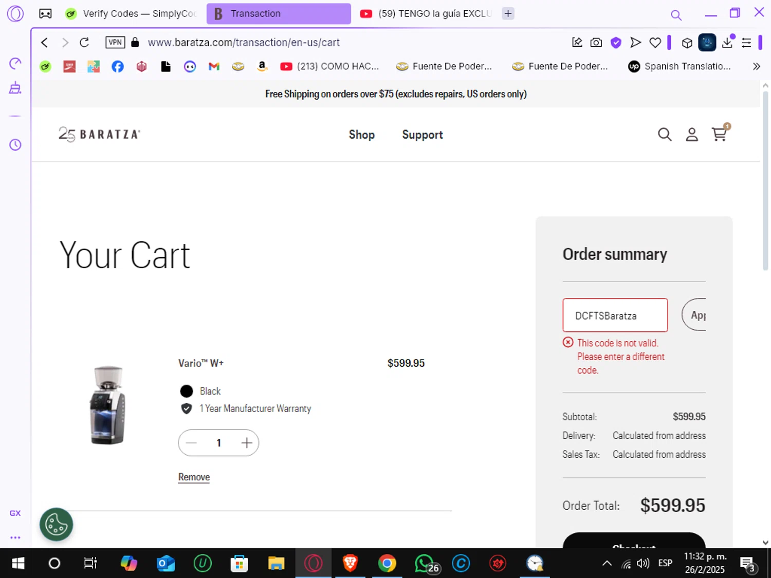 Baratza promo code screenshot showing code DCFTSBaratza applied at Baratza checkout page. Uploaded by SimplyCodes community member Crchirino1 on Feb 27, 2025