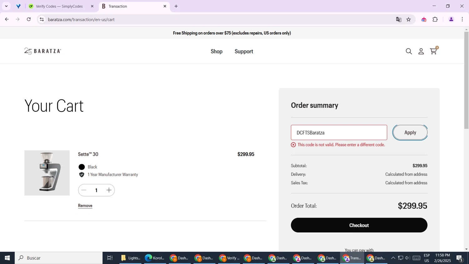 Baratza promo code screenshot showing code DCFTSBaratza applied at Baratza checkout page. Uploaded by SimplyCodes community member NobleRanger9699 on Feb 27, 2025