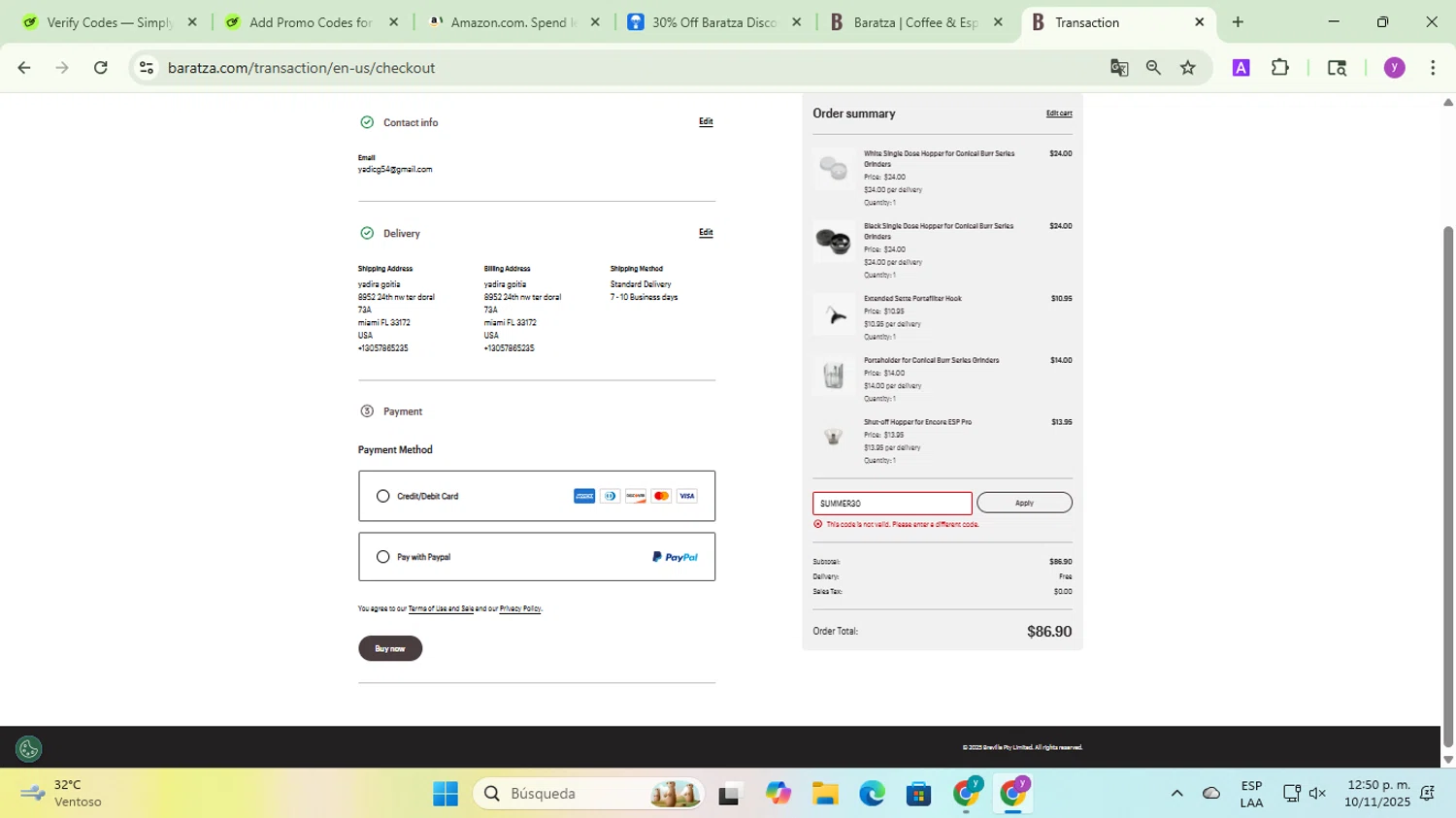 Baratza promo code screenshot showing code SUMMER30 applied at Baratza checkout page. Uploaded by SimplyCodes community member yadicg054 on Nov 10, 2025