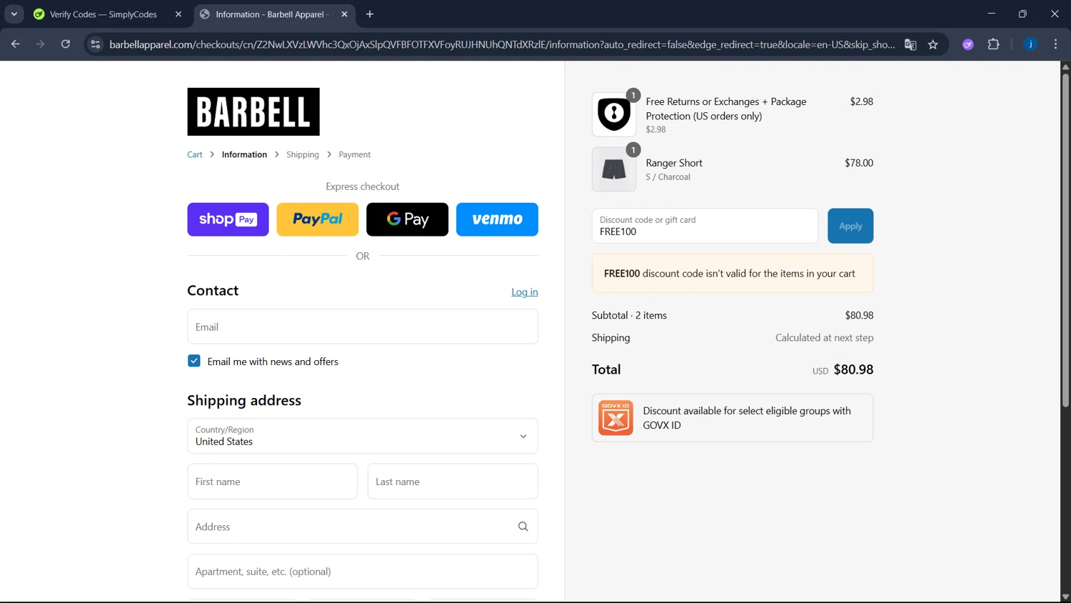 Barbell Apparel discount code screenshot showing code FREE100 applied at Barbell Apparel checkout page. Uploaded by SimplyCodes community member CodeSaver4373 on Jul 9, 2025