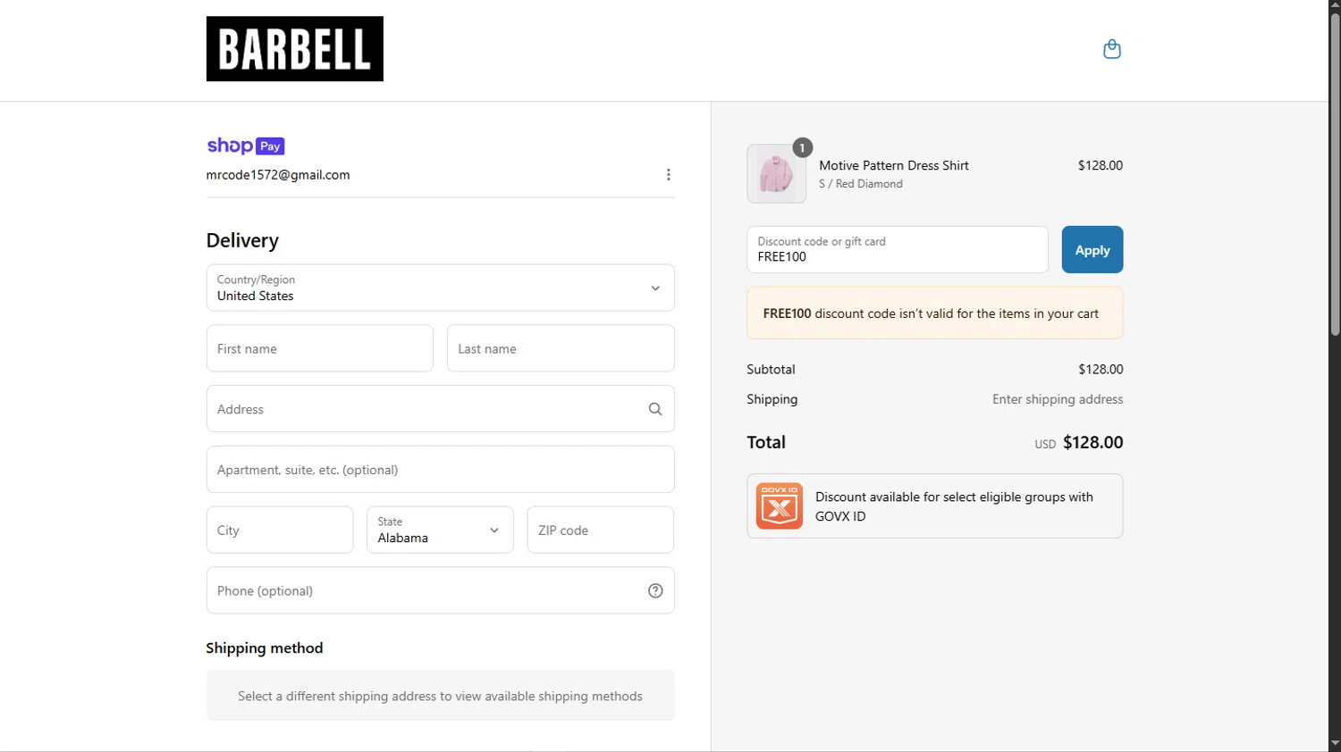 Barbell Apparel discount code screenshot showing code FREE100 applied at Barbell Apparel checkout page. Uploaded by SimplyCodes community member TokioMiller on Jul 19, 2025