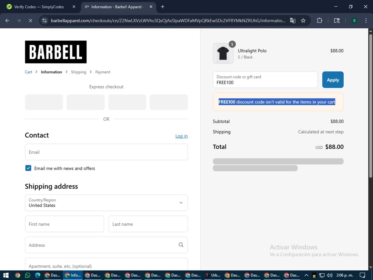 Barbell Apparel discount code screenshot showing code FREE100 applied at Barbell Apparel checkout page. Uploaded by SimplyCodes community member lilMosey on Jul 12, 2025