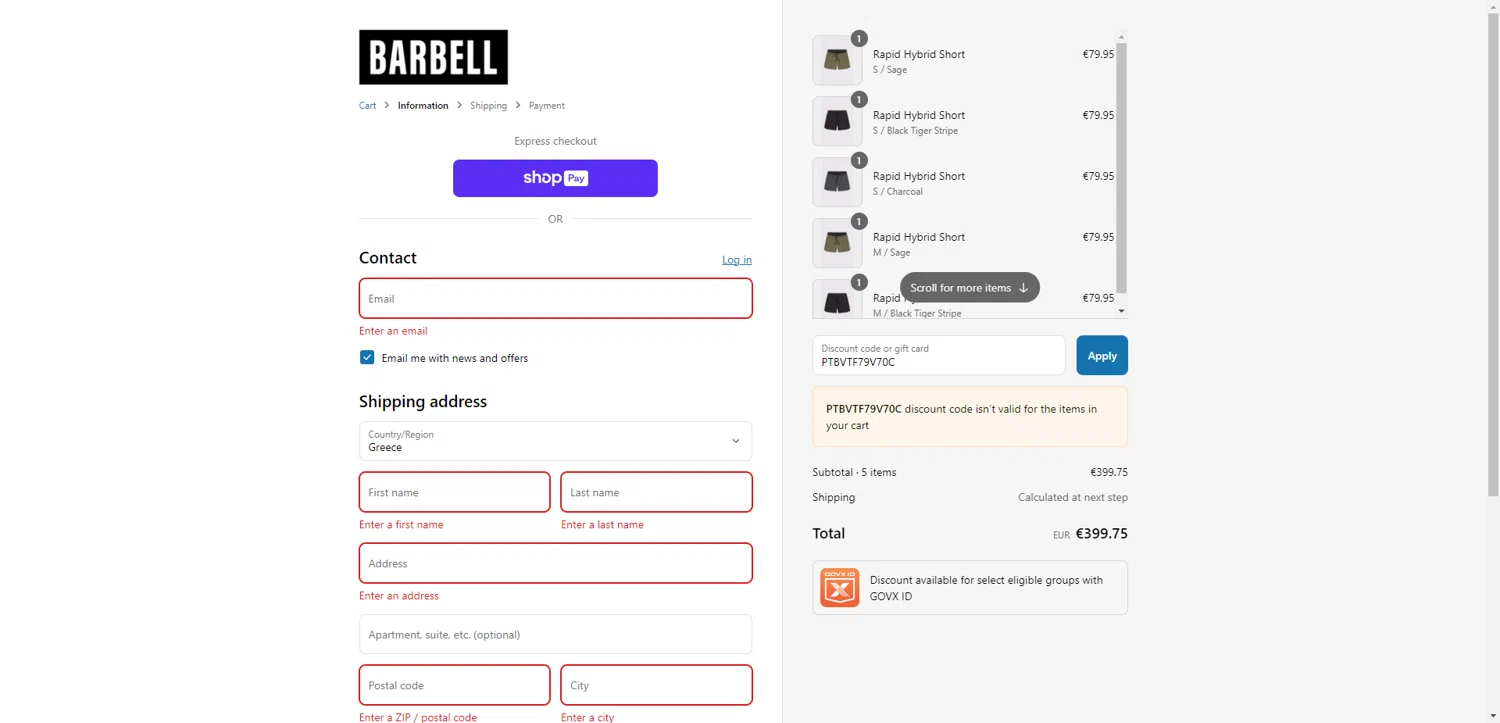 Barbell Apparel discount code screenshot showing code PTBVTF79V70C applied at Barbell Apparel checkout page. Uploaded by SimplyCodes community member EpicEagle816 on Aug 4, 2025