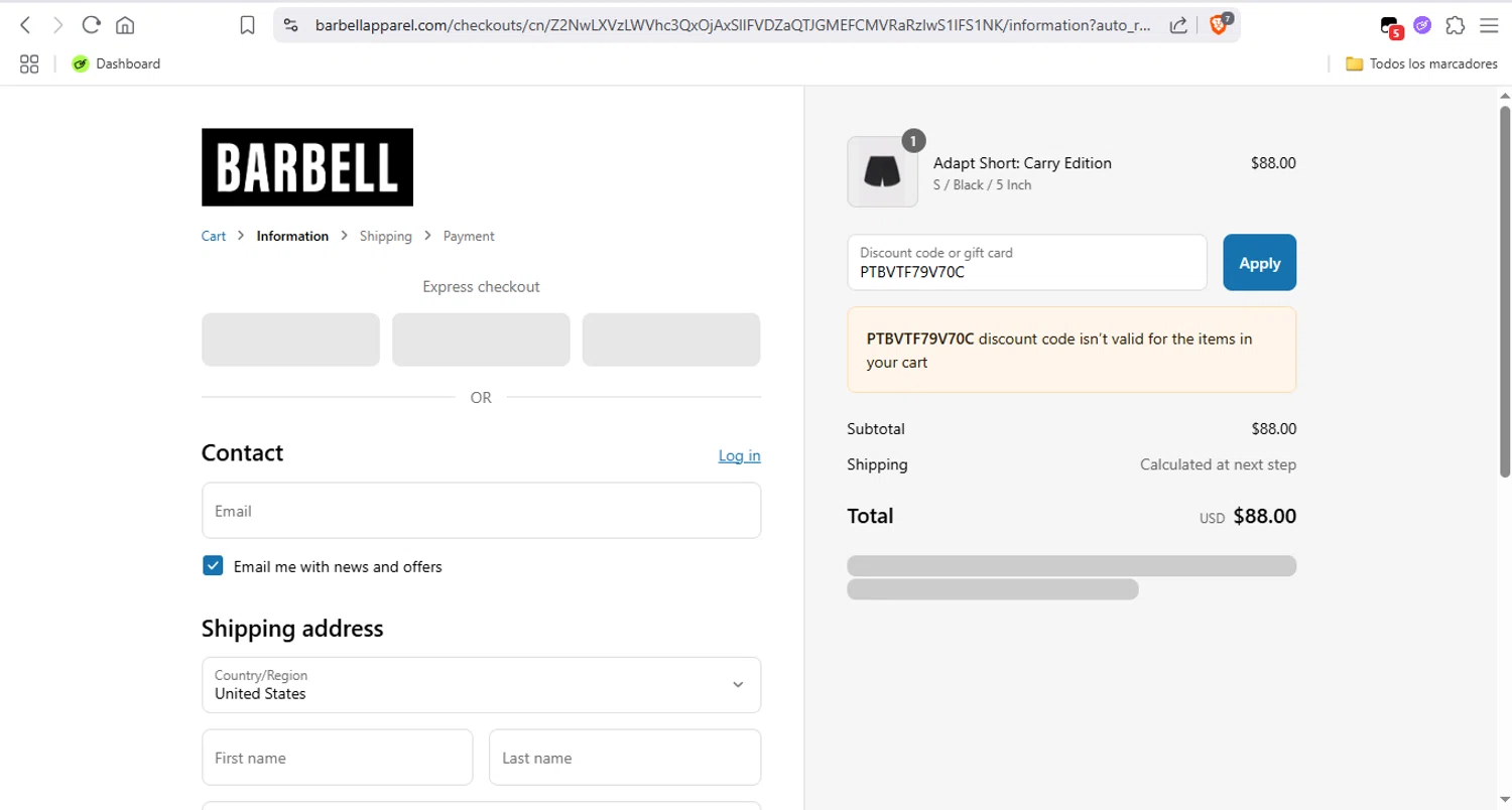 Barbell Apparel discount code screenshot showing code PTBVTF79V70C applied at Barbell Apparel checkout page. Uploaded by SimplyCodes community member LegendaryTitan9160 on Jun 23, 2025