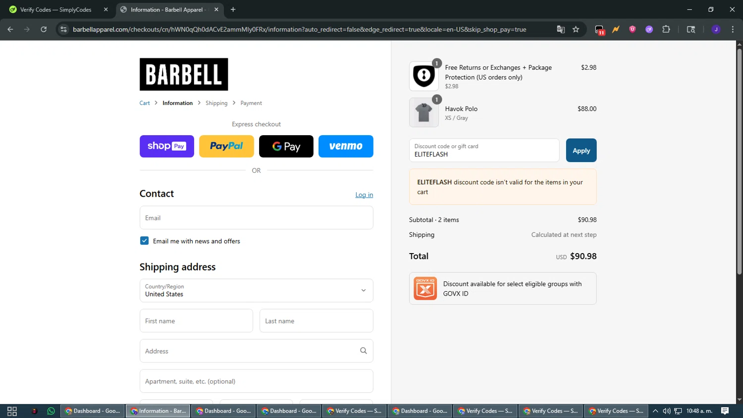 Barbell Apparel discount code screenshot showing code ELITEFLASH applied at Barbell Apparel checkout page. Uploaded by SimplyCodes community member WiseMaven9968 on Jul 20, 2025