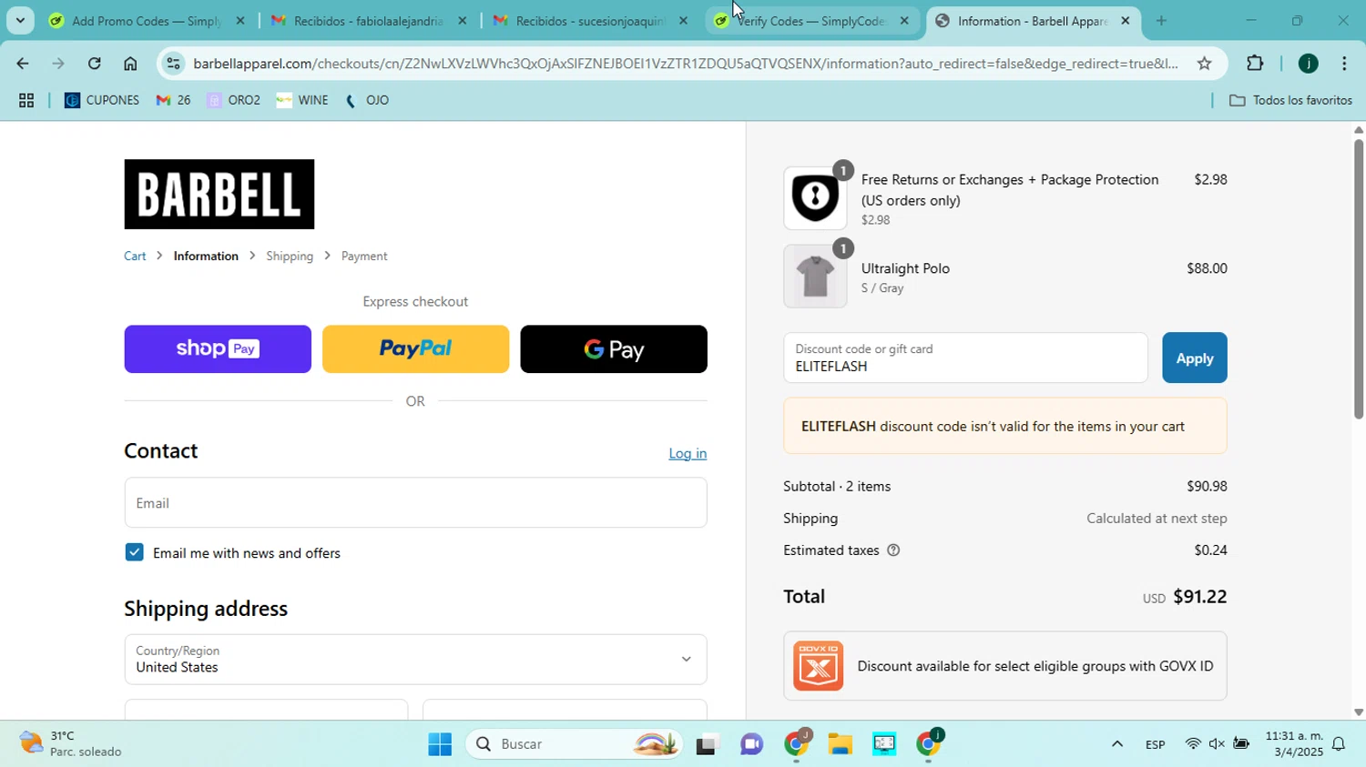 Barbell Apparel discount code screenshot showing code ELITEFLASH applied at Barbell Apparel checkout page. Uploaded by SimplyCodes community member jorgejavierherrera on Apr 3, 2025