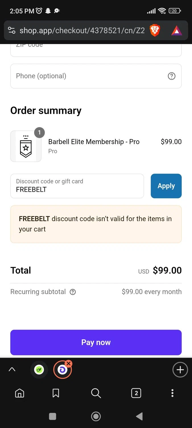 Barbell Apparel discount code screenshot showing code FREEBELT applied at Barbell Apparel checkout page. Uploaded by SimplyCodes community member BargainPioneer8286 on Jun 3, 2025
