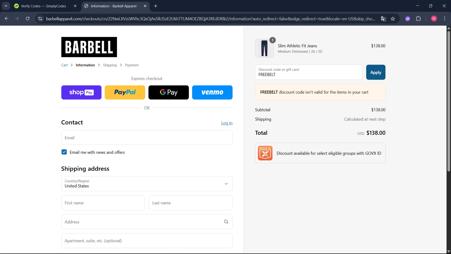 Barbell Apparel discount code screenshot showing code FREEBELT applied at Barbell Apparel checkout page. Uploaded by SimplyCodes community member ValueCollector4159 on Jun 20, 2025
