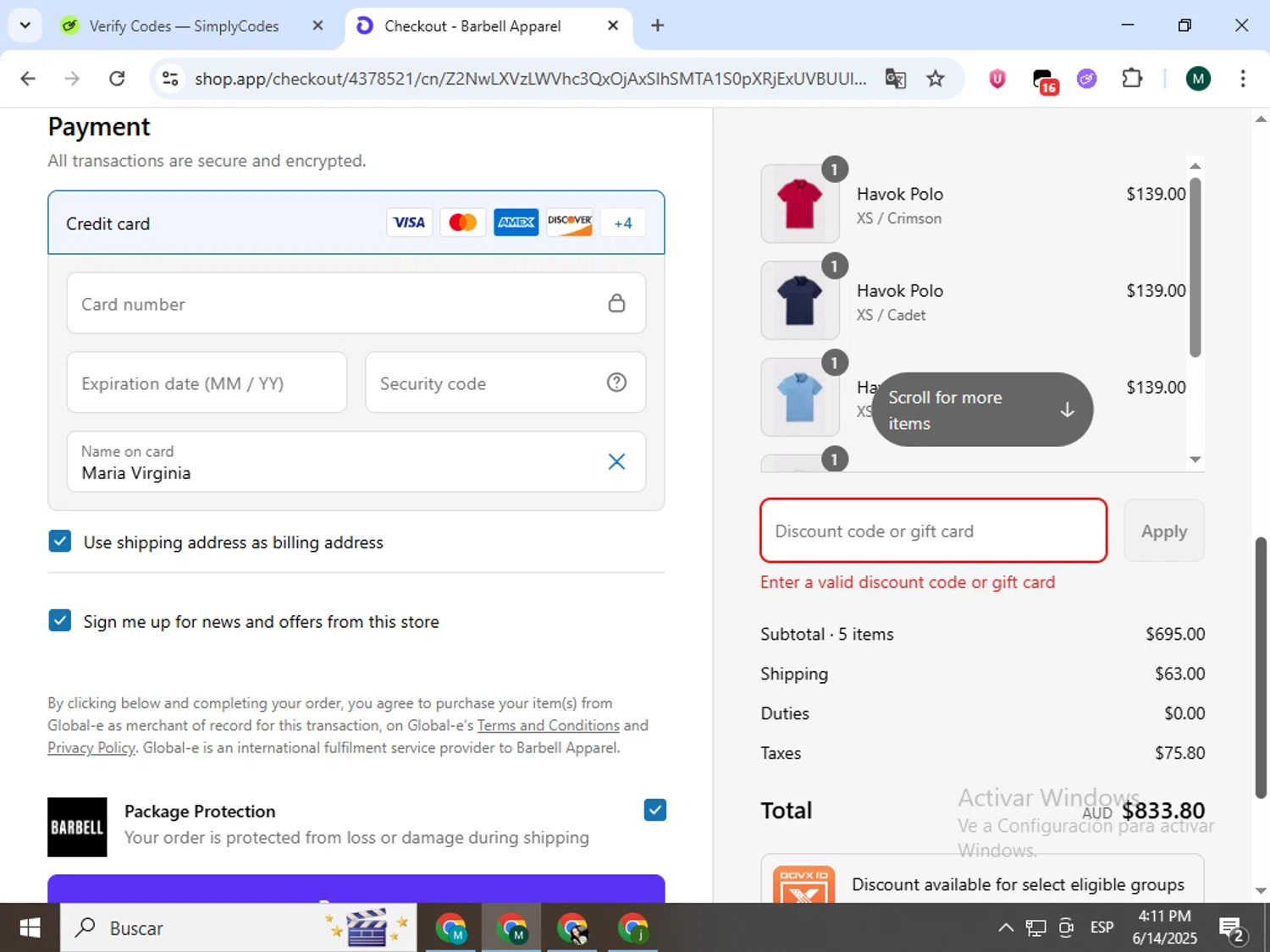 Barbell Apparel discount code screenshot showing code AMANDA10 applied at Barbell Apparel checkout page. Uploaded by SimplyCodes community member Jorgeluisvera on Jun 14, 2025