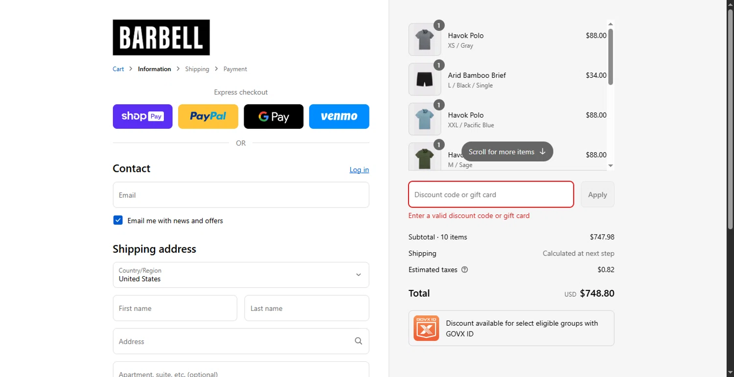 Barbell Apparel discount code screenshot showing code ASH10 applied at Barbell Apparel checkout page. Uploaded by SimplyCodes community member BonusFox1297 on Aug 20, 2025