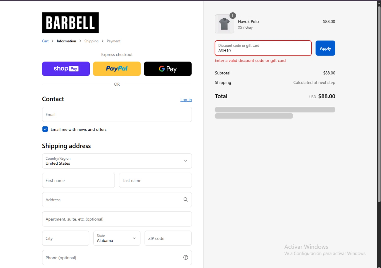 Barbell Apparel discount code screenshot showing code ASH10 applied at Barbell Apparel checkout page. Uploaded by SimplyCodes community member Carlosramirez09 on Aug 20, 2025