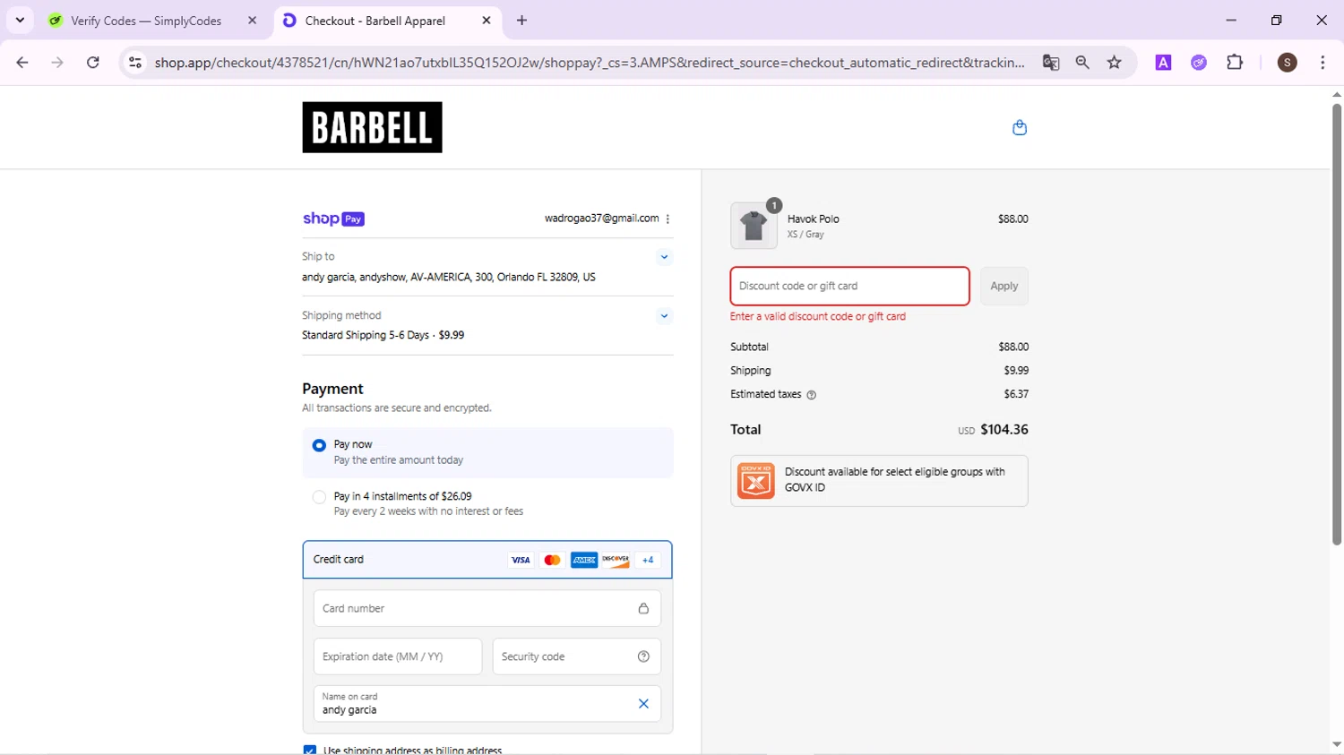 Barbell Apparel discount code screenshot showing code ASH10 applied at Barbell Apparel checkout page. Uploaded by SimplyCodes community member QuestPhoenix2794 on Aug 20, 2025