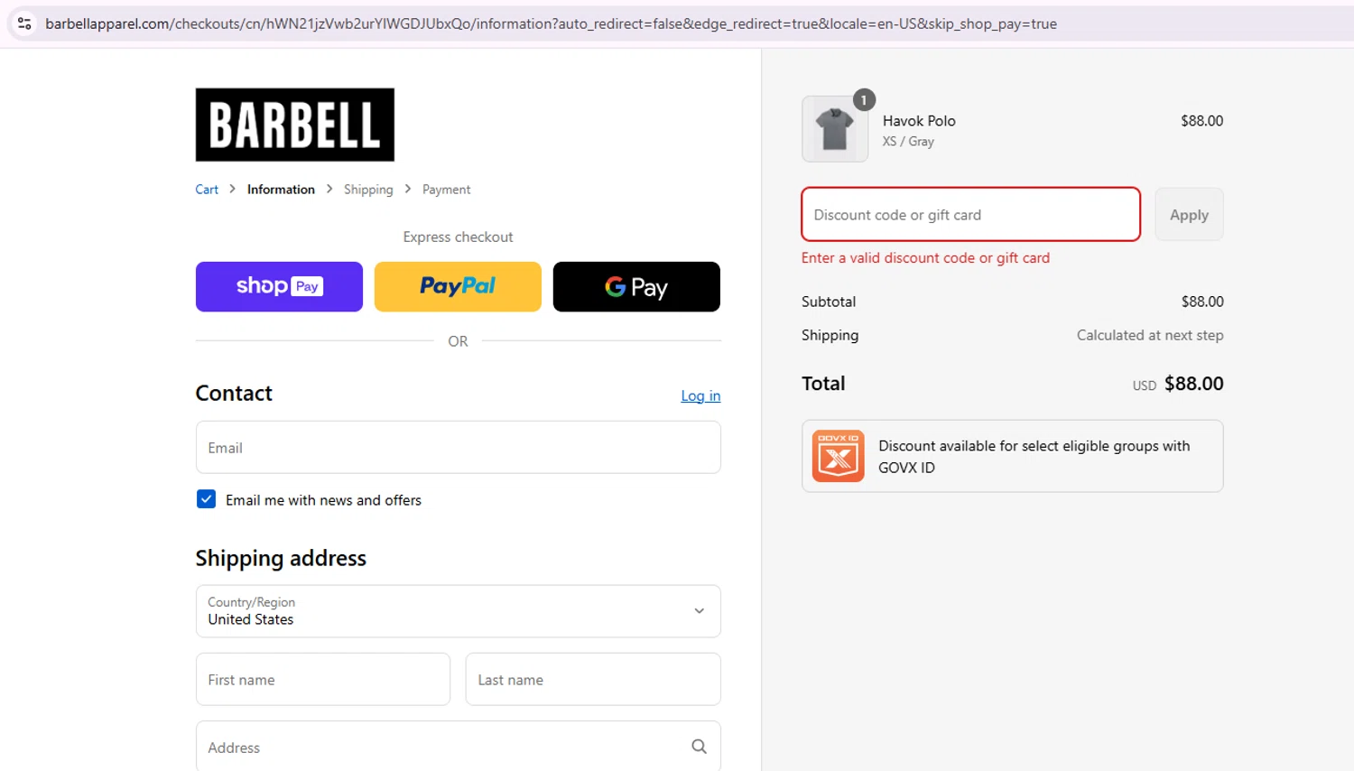 Barbell Apparel discount code screenshot showing code ASH10 applied at Barbell Apparel checkout page. Uploaded by SimplyCodes community member Samu10 on Aug 20, 2025