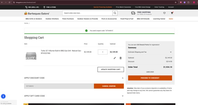 Barbeques Galore checkout page showing Barbeques Galore promo code box | Screenshot taken by SimplyCodes community member on Aug 20, 2025
