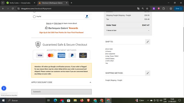 Barbeques Galore checkout page showing Barbeques Galore promo code box | Screenshot taken by SimplyCodes community member on Aug 21, 2025