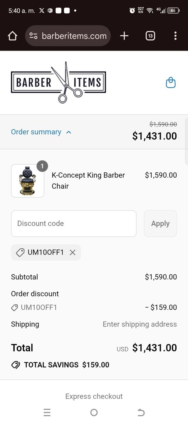 Barber Items checkout page showing Barber Items discount code box | Screenshot taken by SimplyCodes community member on Aug 29, 2025