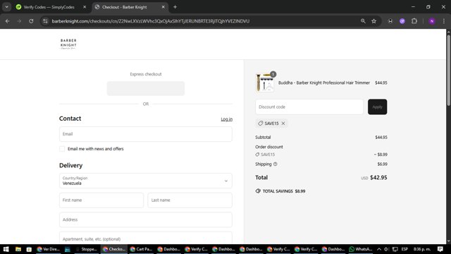 Barber Knight checkout page showing Barber Knight discount code box | Screenshot taken by SimplyCodes community member on Jun 17, 2025