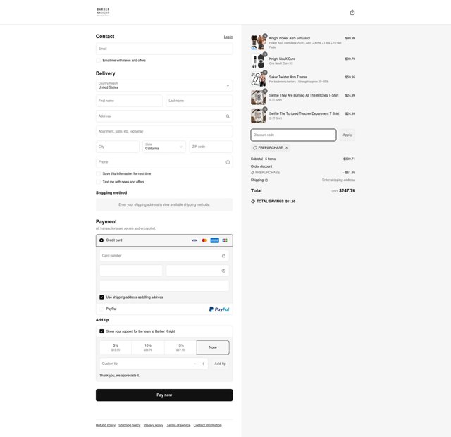 Barber Knight checkout page showing Barber Knight discount code box | Screenshot taken by SimplyCodes community member on Jul 1, 2025