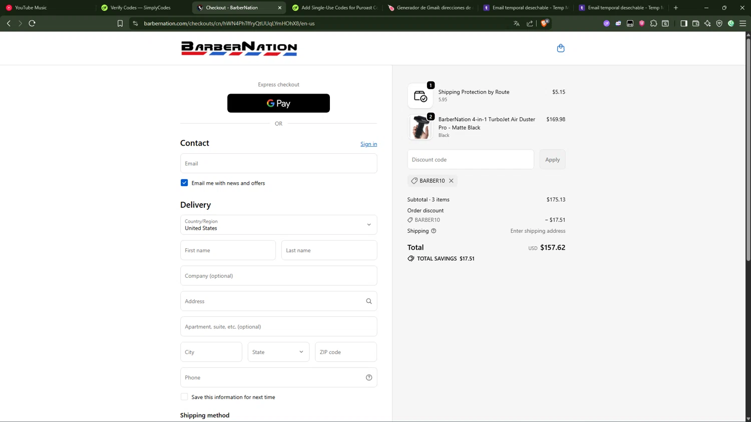 BarberNation discount code screenshot showing code BARBER10 applied at BarberNation checkout page. Uploaded by SimplyCodes community member AliceLidell on Oct 22, 2025